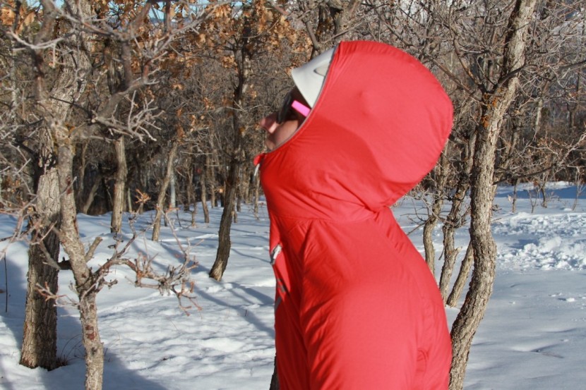 outdoor research refuge air hoody for women - zipped up, the hood is tight and a bit uncomfortable with a helmet...