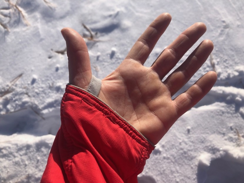 outdoor research refuge air hoody for women - the simple thumb loop makes it a little easier to layer.