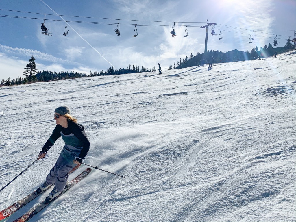 patagonia snowdrifter bib for women - test lap rips in the snowdrifter near lake tahoe.