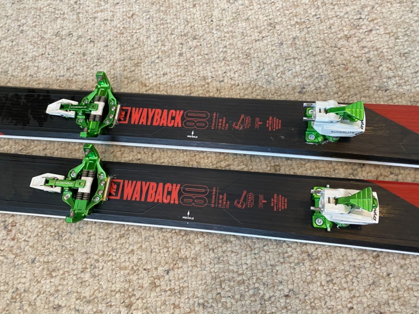 k2 wayback 80 - even lightweight bindings look a little funny on these narrow skis...