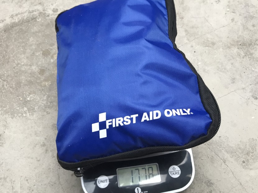 first aid only 299 piece - weighing 18 oz, the fao kit is in the middle of the road for weight...