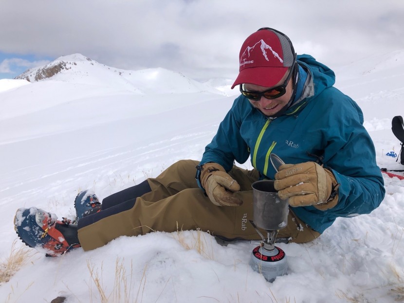 snow peak trek 700 titanium - derek smiles as he sees the snowmelt for tea almost ready. while...