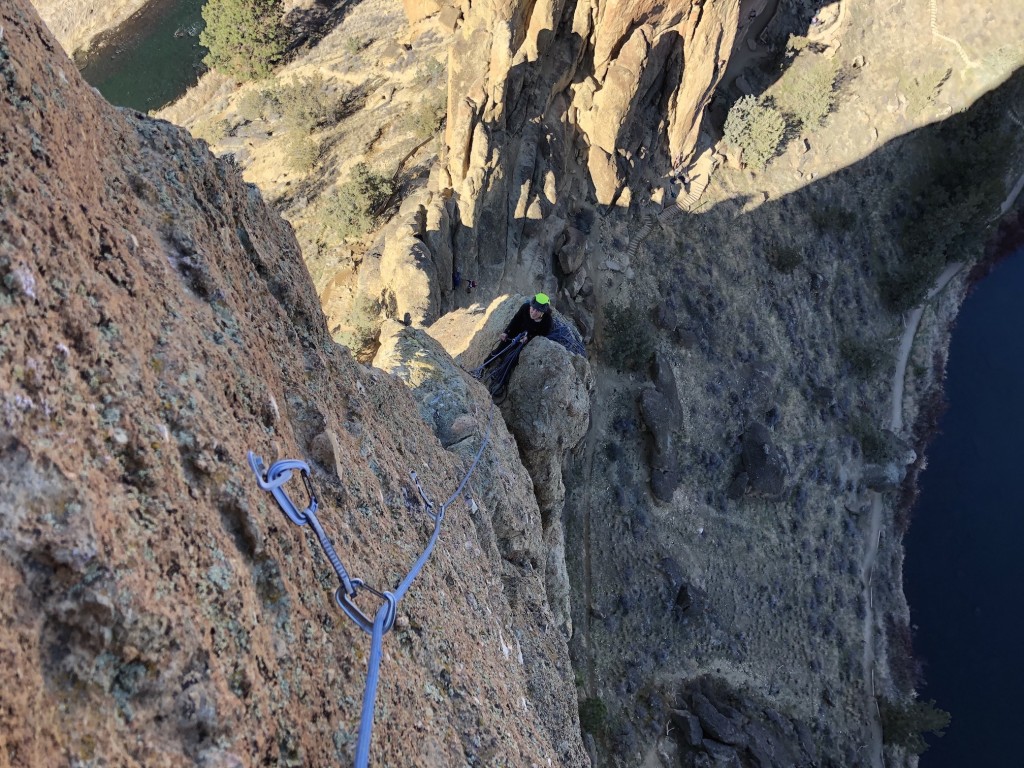 black diamond miniwire - the miniwire, clipped to a bolt high on the multi-pitch route sky...
