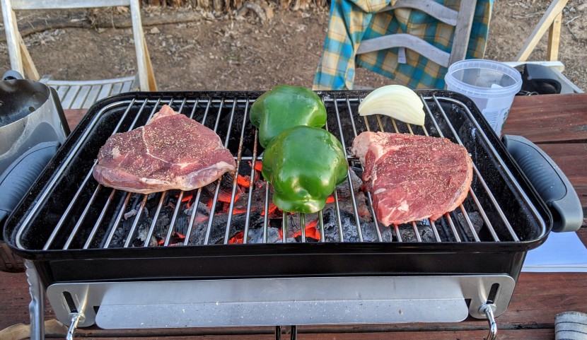 weber go-anywhere charcoal - two steaks, vegetables, and plenty of room to spare!