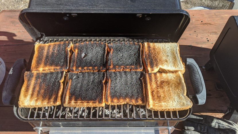 weber go-anywhere charcoal - we used our toast-test to show how with manipulation of the coal...
