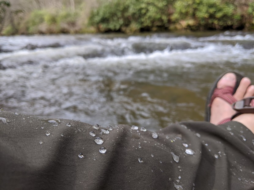 rei co-op taereen pant - a dwr treatment beads water for a moment before it starts soaking...