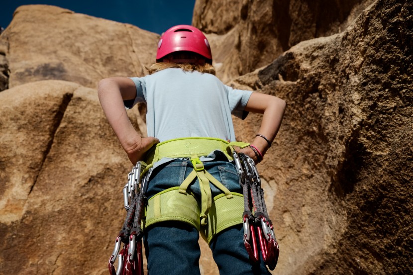 climbing harness kids - all racked up with plenty of quick-draws.