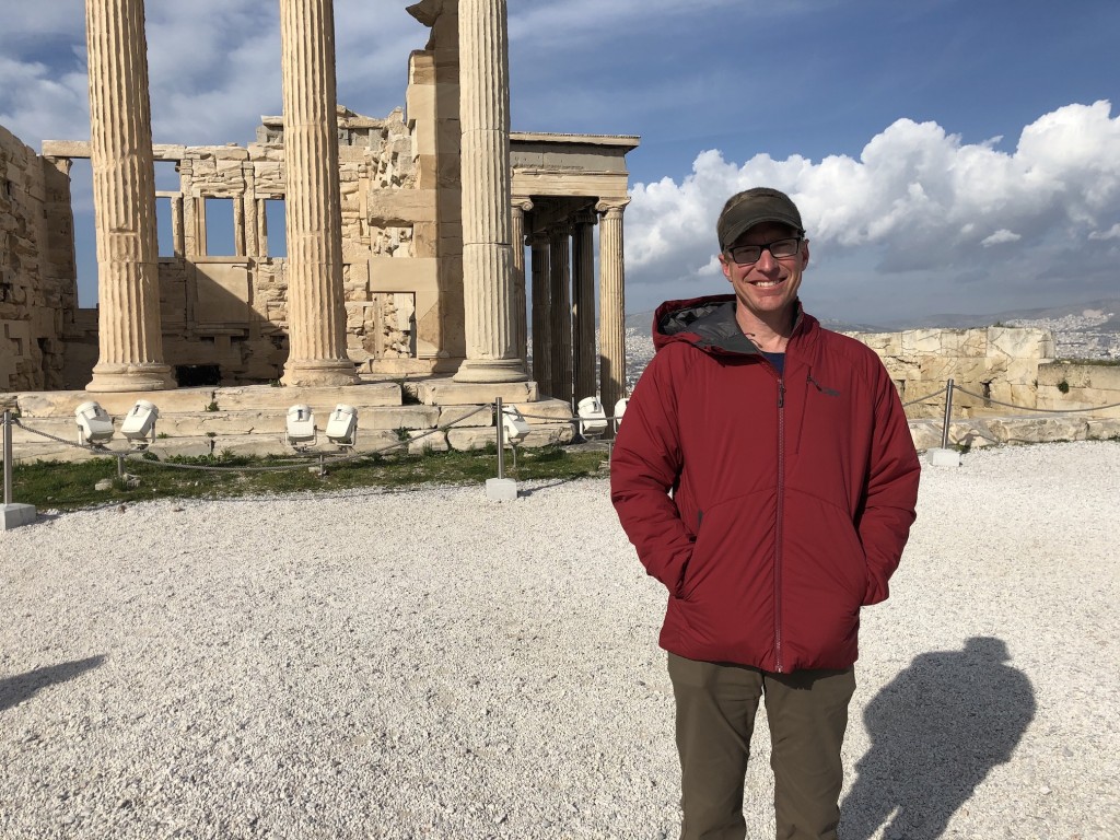outdoor research refuge hoody - wearing the refuge in front of the parthenon, atop the acropolis...