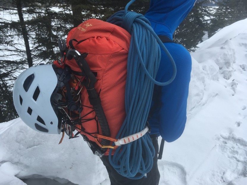 arc'teryx alpha ar 20 - the alpha ar loaded up for a day of ice climbing. the lid is hard to...