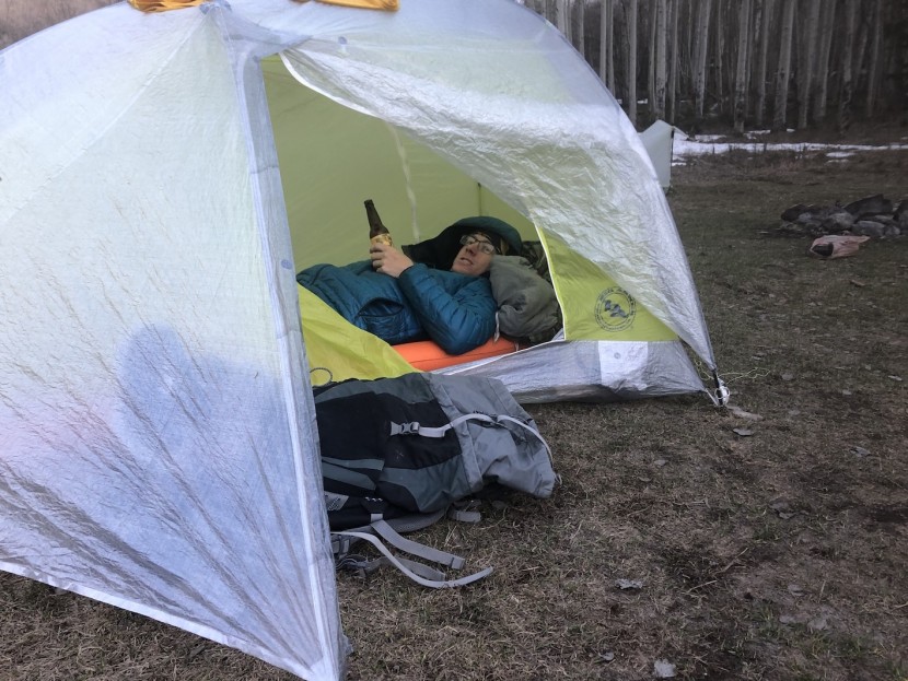big agnes tiger wall 2 carbon - here we see the amount of room in the vestibule as eddie lays down...