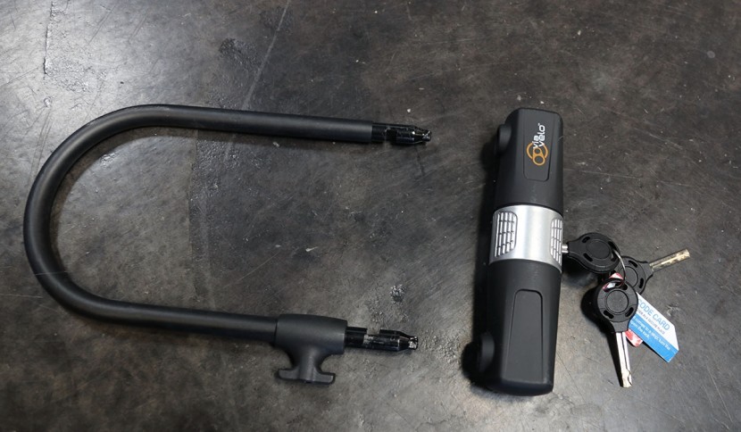via velo u lock with cable - the locking mechanism felt finicky on this lock. if not lined up...