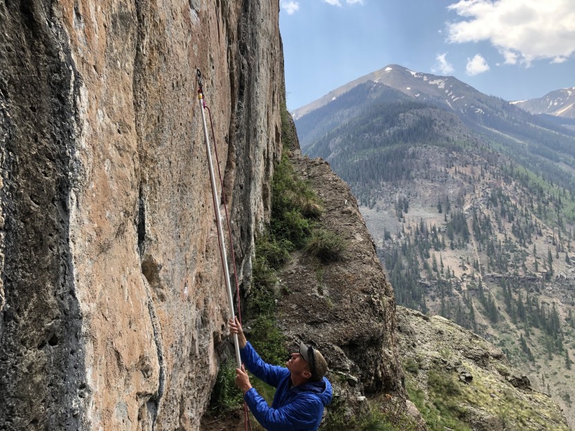 edelrid boa pro dry - sticking the first bolt on the calcified tuff of the god's crag with...
