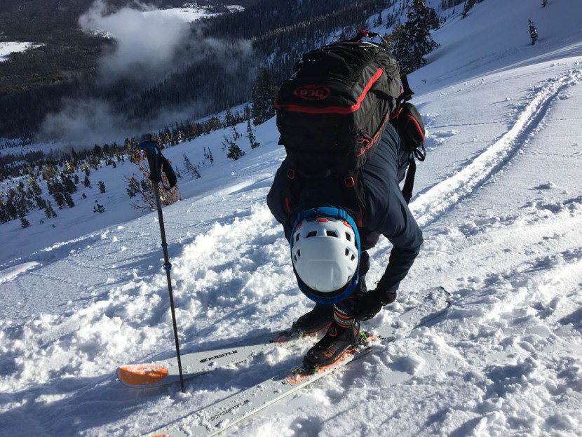 kastle tx 103 - strapping in before skiing a couple thousand feet of breakable crust...