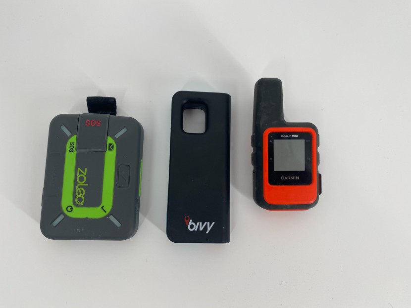 acr bivy stick - three top contenders, left to right: zoleo, bivy stick, and inreach...