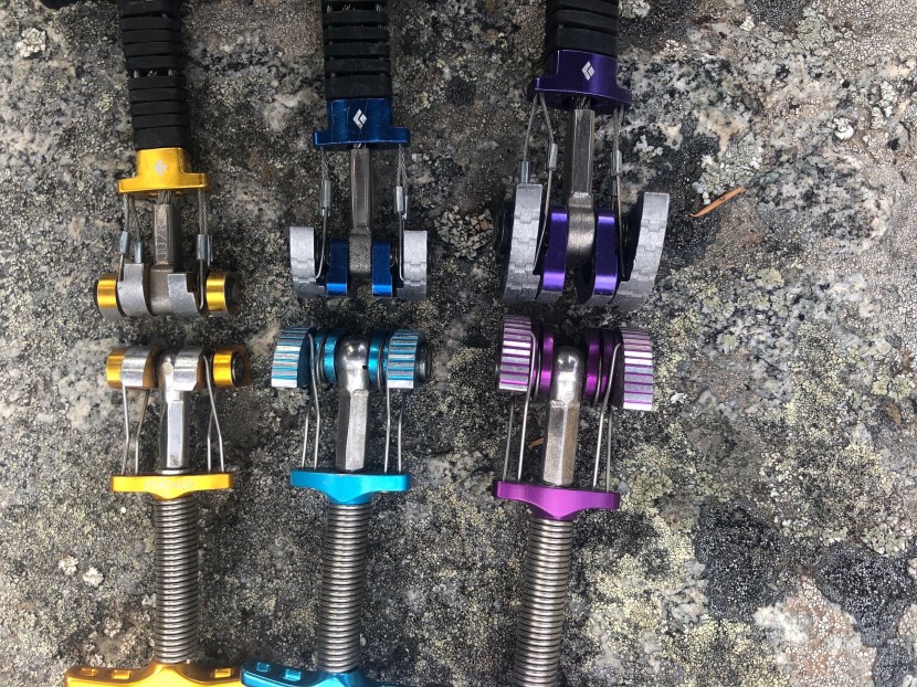 wild country zero friends - zero friends on the bottom and z4s on the top, lined up for...