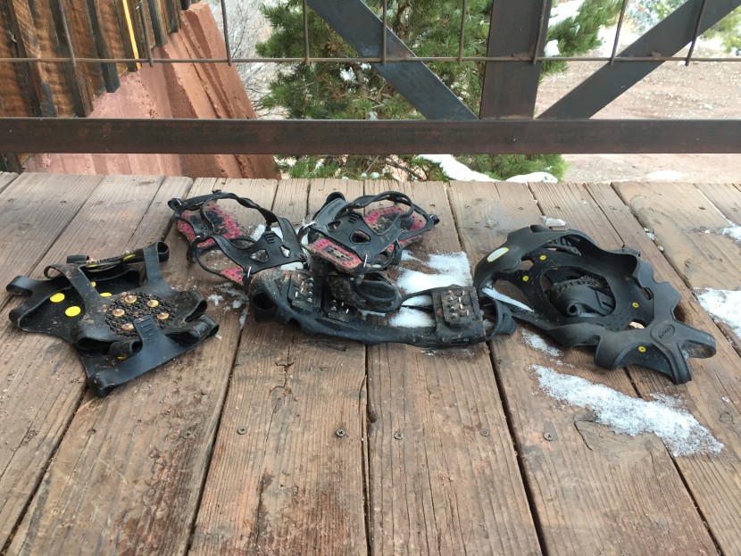 testing cleat-style grips on a snowy november day.