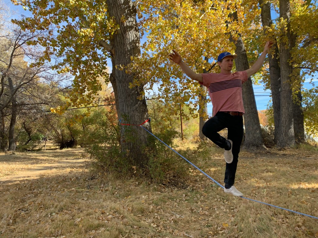 slackline - the prim 40's low stretch flat webbing has a comfortable underfoot...