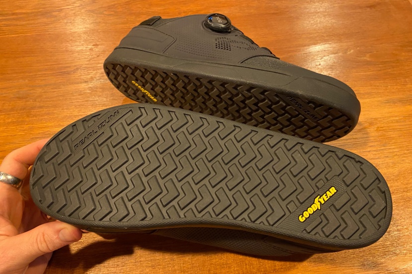 pearl izumi x-alp launch - the pinloc outsole uses goodyear rubber and a shallow chevron tread...