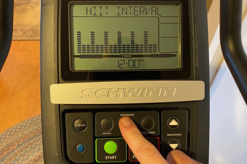 schwinn 130 upright bike - the screen shows distance, time, estimated calories burned, rpm...