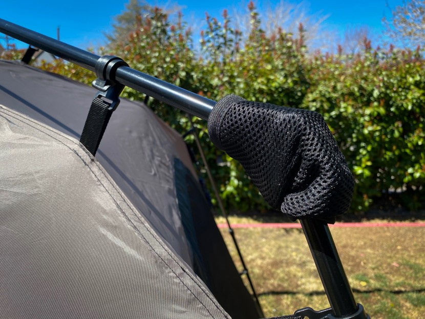 coleman 4-person cabin with instant setup - handy soft mesh covers the fulcrum points to protect your fingers...