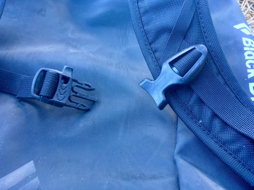 climbing backpack - this sternum strap buckle doubles as an emergency whistle.
