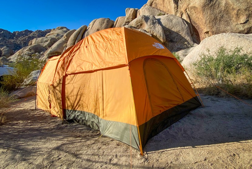 camping tent - the back side view of the wawona after a night of howling winds