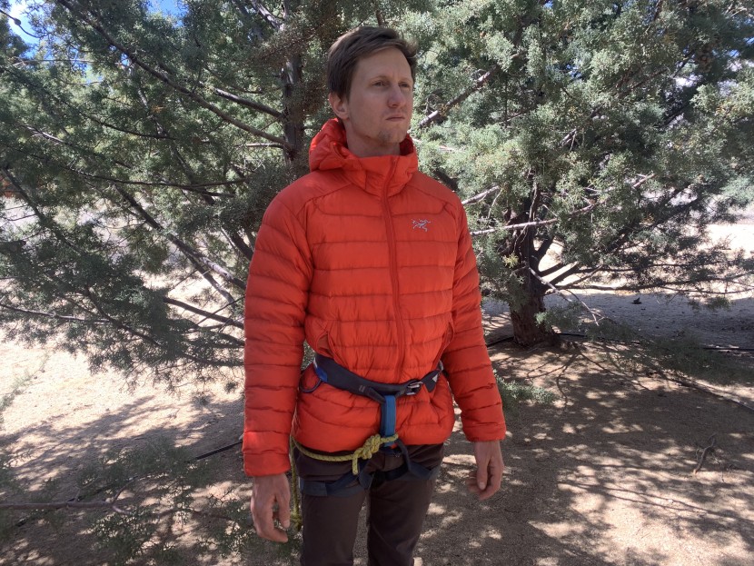 arc'teryx cerium lt hoody - the torso is long enough to wear under a harness, without the jacket...