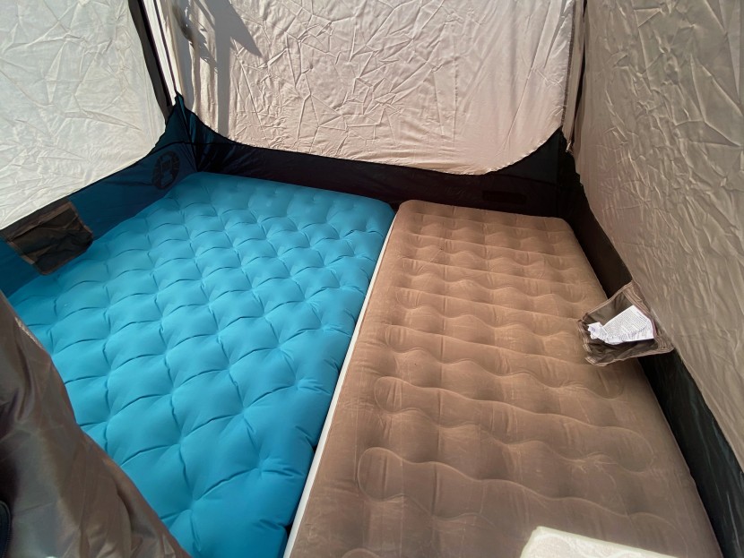 coleman 4-person cabin with instant setup - a full and a twin air mattress just barely fit in this 4-person tent.