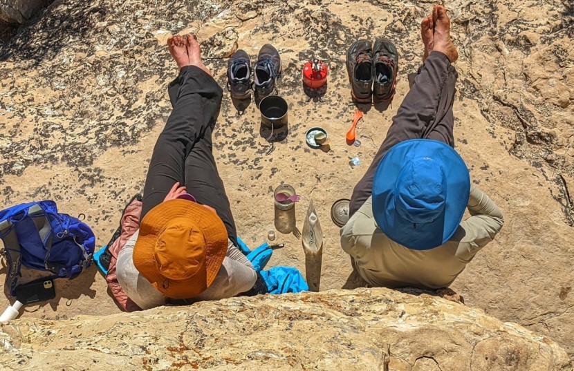 outdoor research sombriolet - relaxing over afternoon tea with shade on our faces.