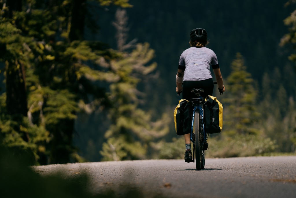 burley pannier set - heading into a camp night loaded with sleeping bag, sleeping pad...