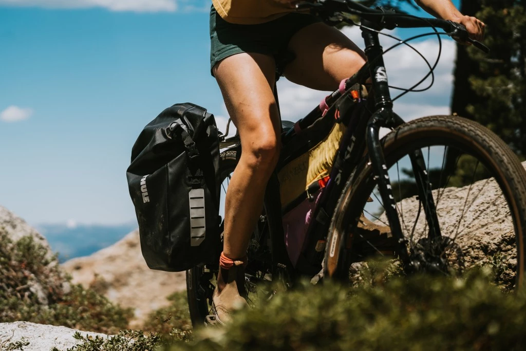 bike panniers - our thule shield, packed with beer, sandwiches, a sleeping pad, and...