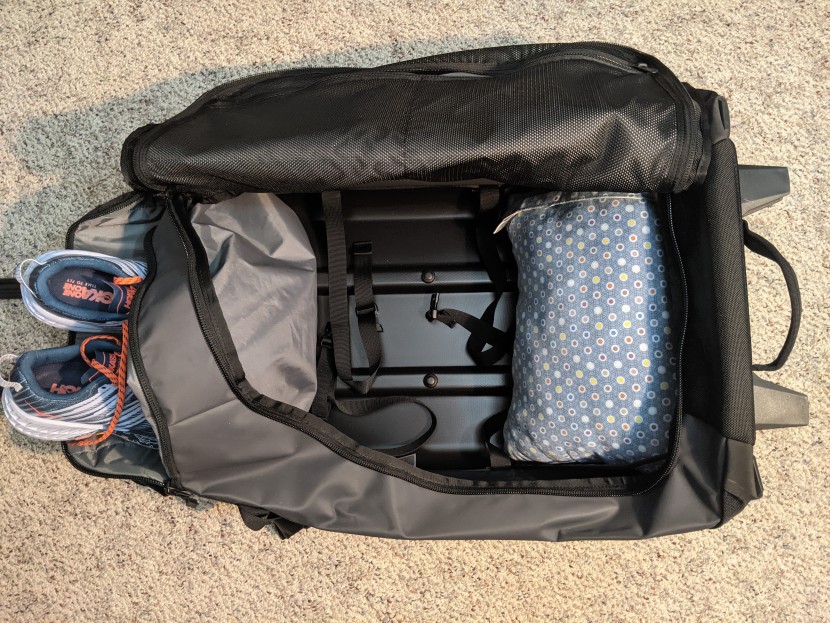 the north face rolling thunder 30" - the larger pocket at the top is great for holding shoes, though...