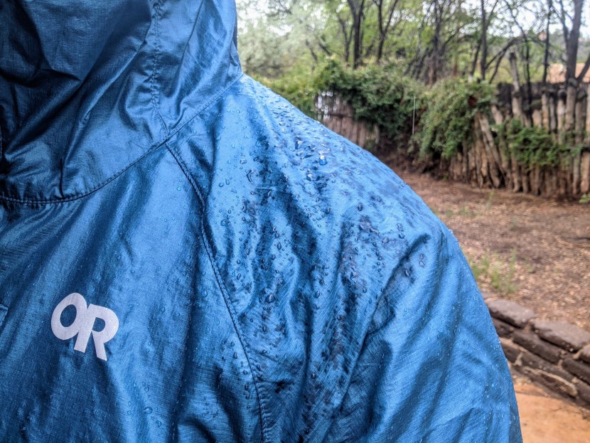 an up-close view of the water resistance on the shoulder in a light...