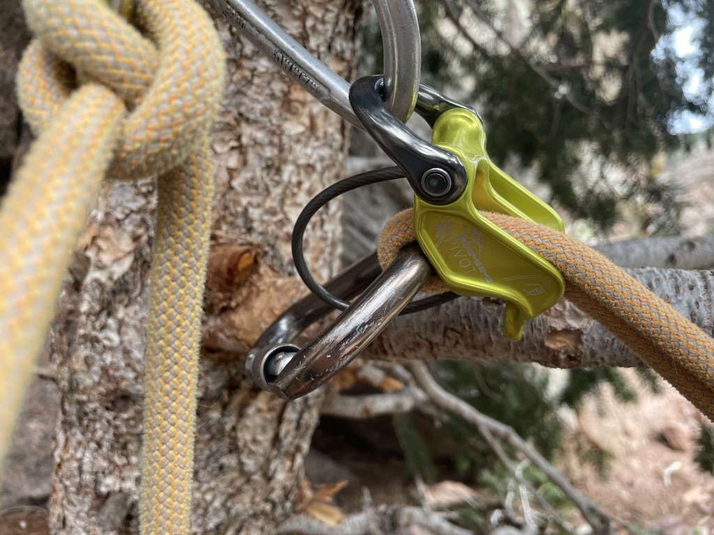 dmm pivot - the dmm pivot in autoblock configuration while belaying a follower...