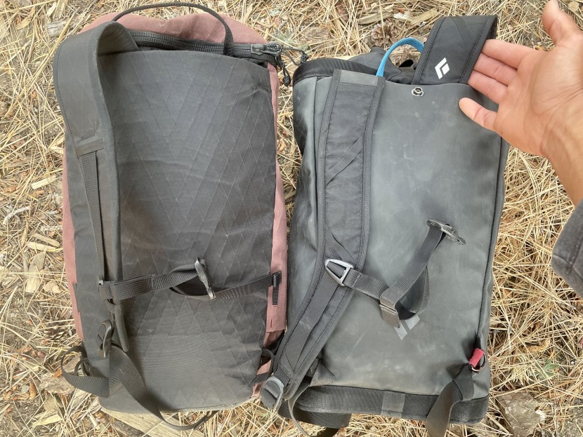 climbing backpack - the multipitch (left) and creek (right) each with one shoulder strap...
