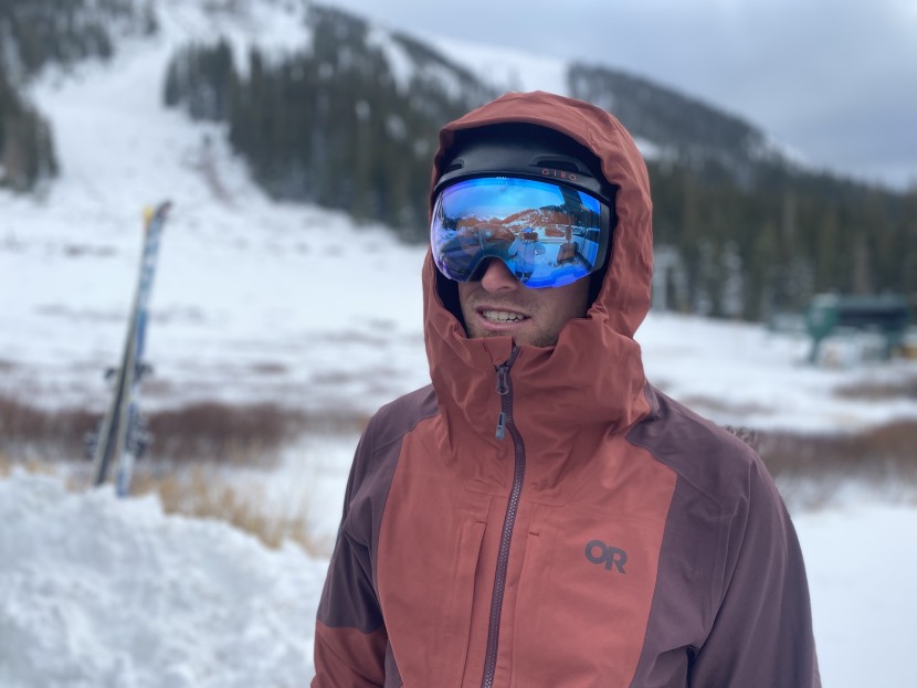 outdoor research skytour ascentshell - the skytour's hood doesn't provide complete coverage of the helmet...