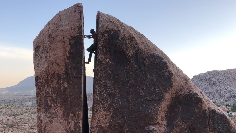matthew our lead tester doing the classic chimney boulder in the...