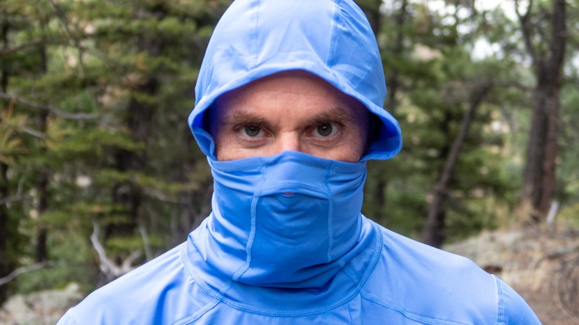 coolibar andros fishing hoodie - with the hood and mask on, we feel like a fishing ninja.