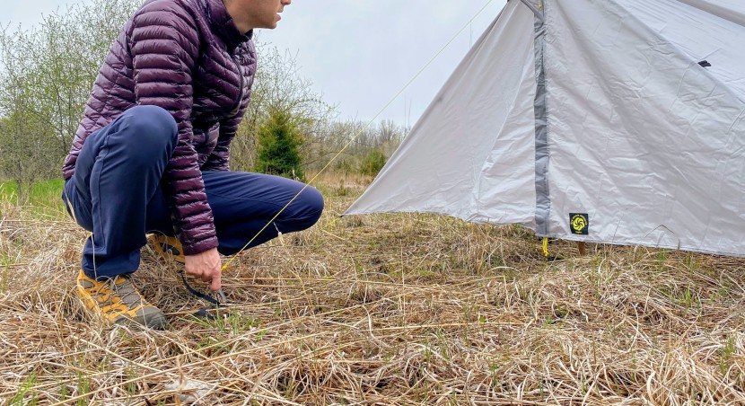 six moon designs haven tarp - it takes a little time to re-tension the guyline but it goes up in...