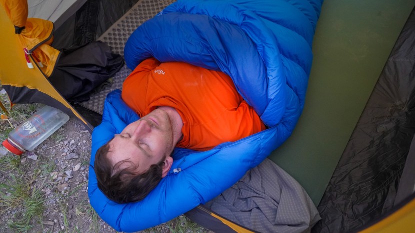 the marmot helium's main zipper to the tester's left is augmented...