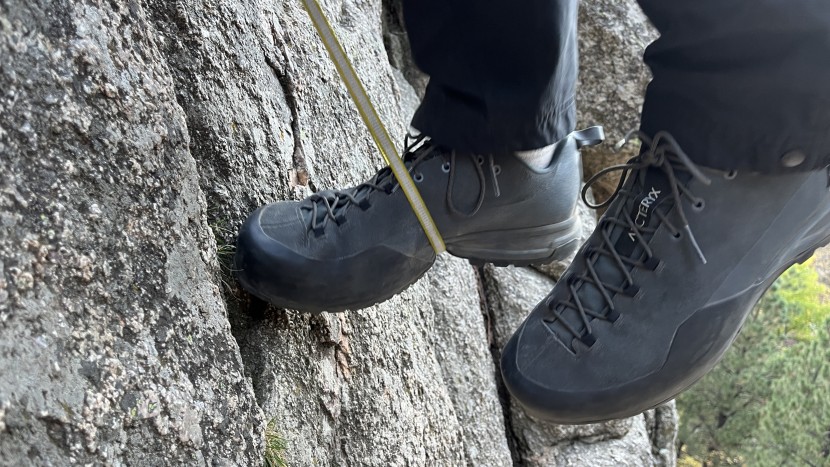 standing in a narrow sling to test the support of the arc'teryx...