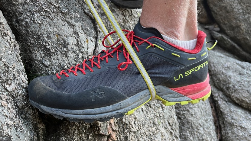 testing the la sportiva tx guide for support by standing in a sling...