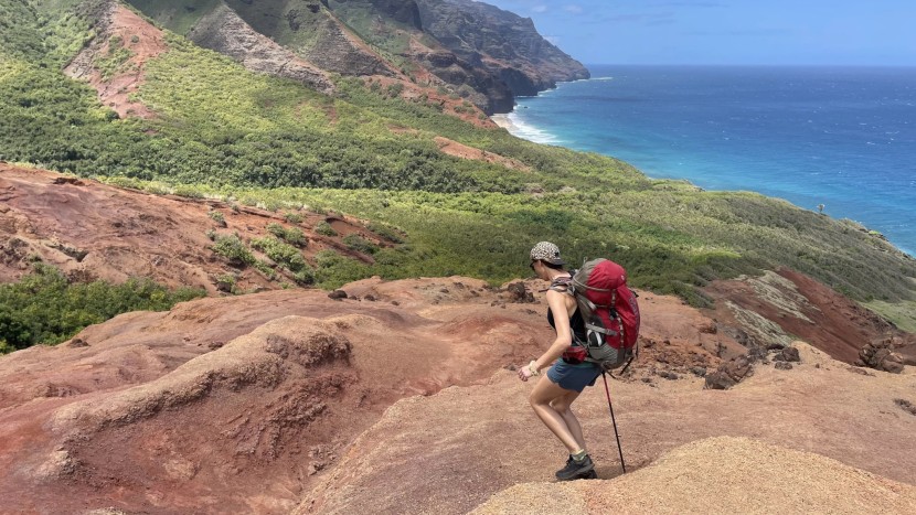 trekking poles - using the msr dynalock on a slippery descent in hawaii.