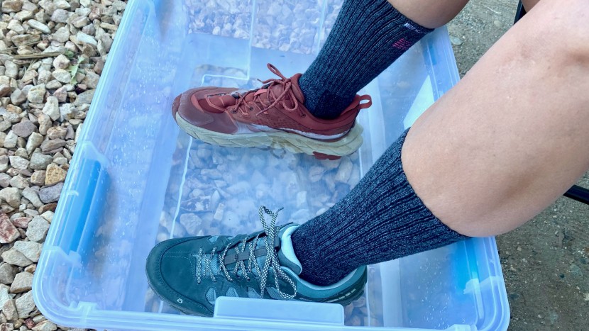 water testing involved submerging each shoe in 3 inches of water for...