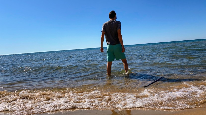 headed for a swim. the built-in liner makes it easy to take a dip...