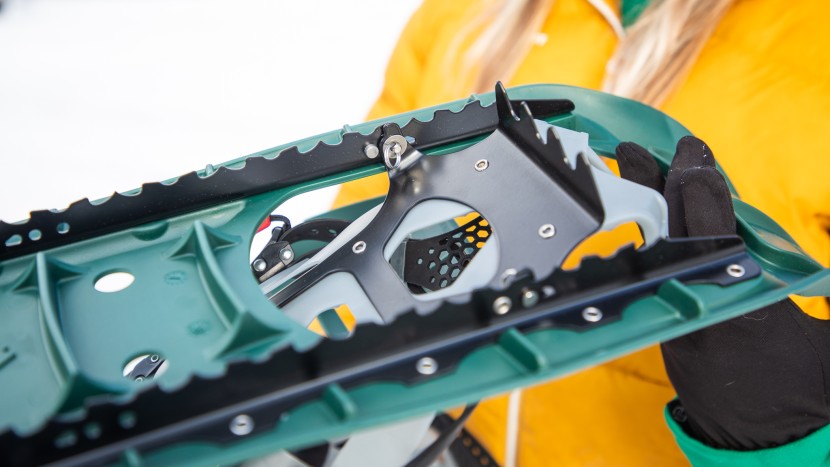 msr evo trail snowshoes - the evo trail has a burly toe pick plus a pair of teethed metal side...