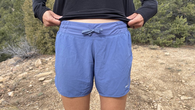 patagonia nine trails short for women - a closer look at the waistband and drawstring design. the...
