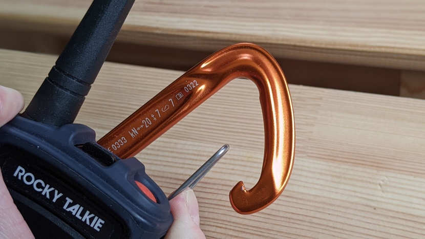 rocky talkie mountain radio - we like using this carabiner instead of the flimsy plastic clips...