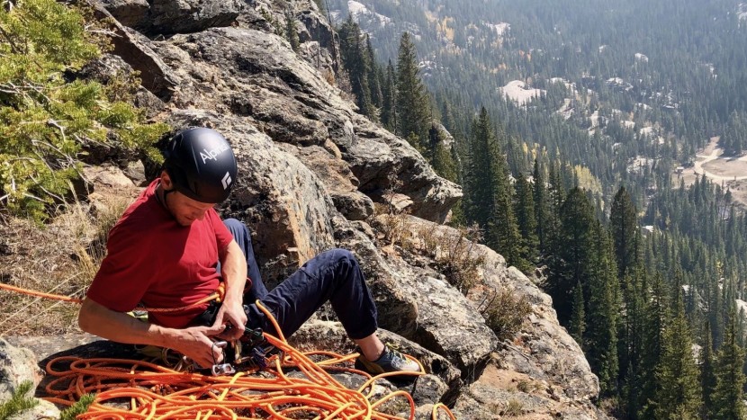 climbing helmet - enjoying the ledge at the top of a multi-pitch route with alpinist...
