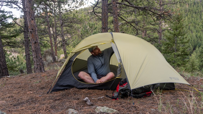 ultralight tent - just enough headroom, but plenty of space outside to stash a dirty...